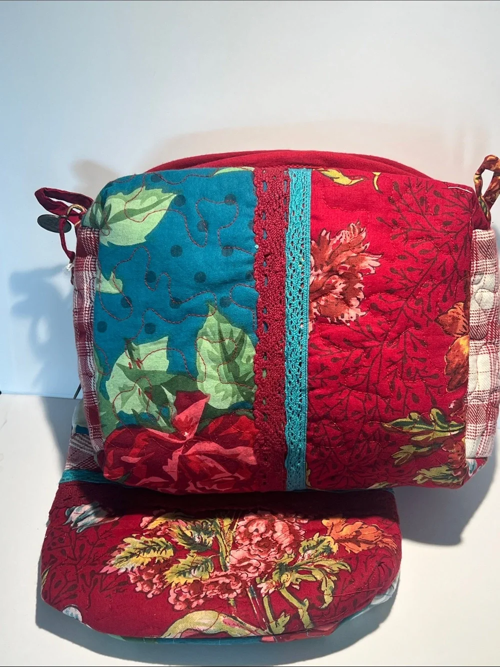 April Cornell Red Floral Quilted Cosmetic Crossbody with Teal Accents